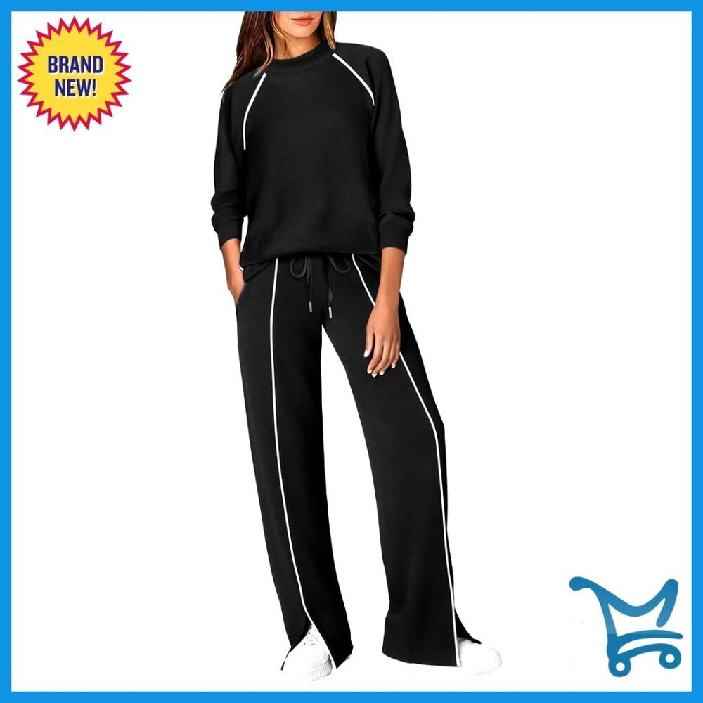 Lounge Set 2 Piece Wide Leg Pant Matching Mock Neck Sporty Chic Comfort